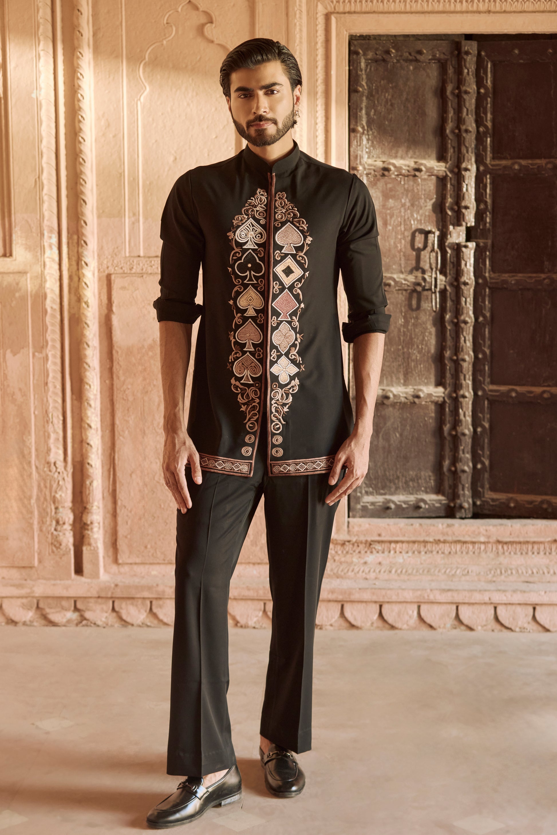 Raas Manoranjan Sutra black short kurta festive | Bhavya Bhasin Couture
