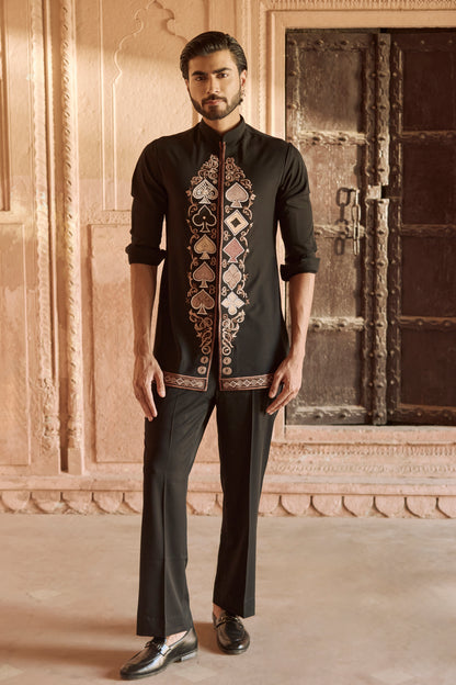 Raas Manoranjan Sutra black short kurta festive | Bhavya Bhasin Couture