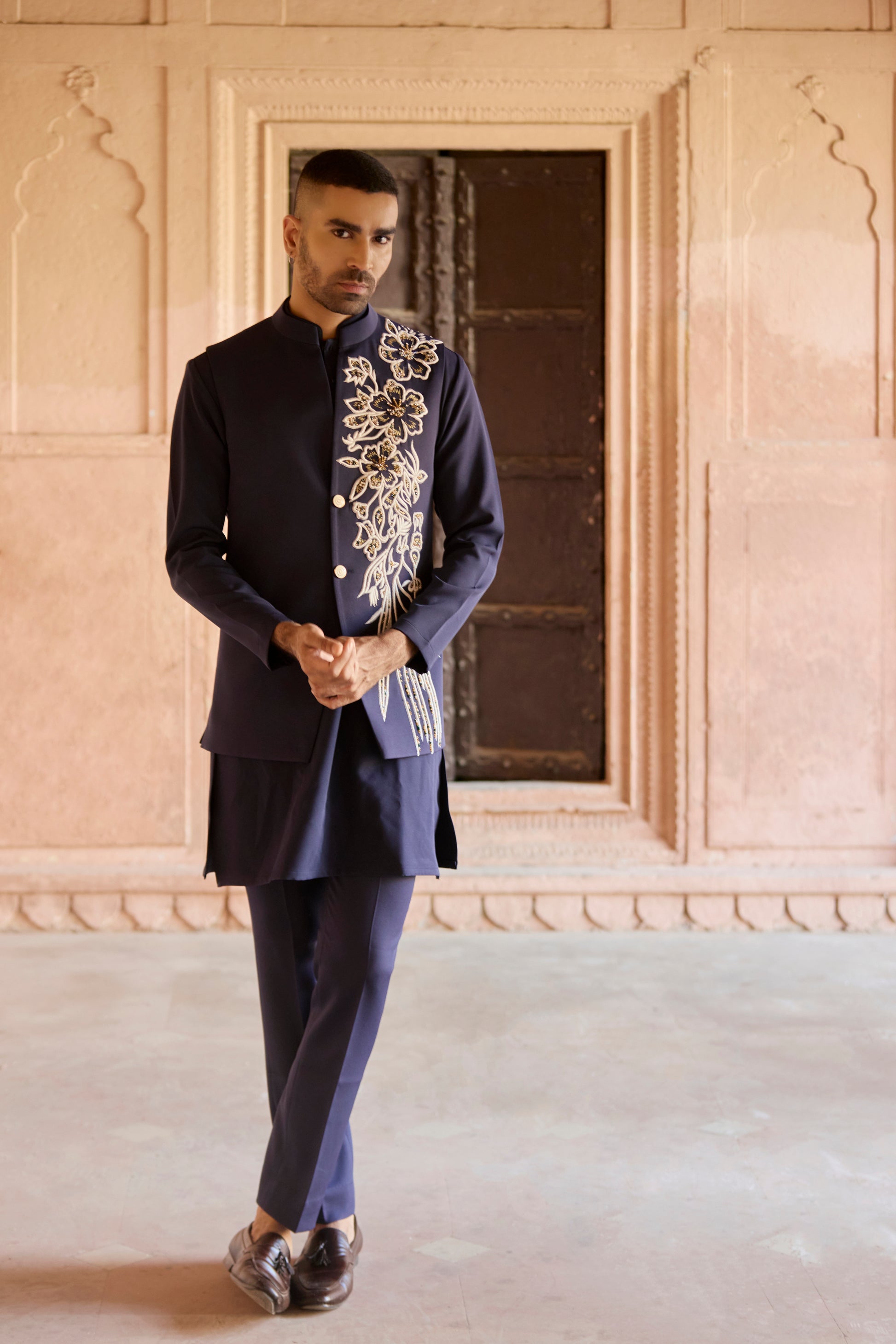 Raas Neelpushp Dhara navy Nehru jacket set | Bhavya Bhasin Couture