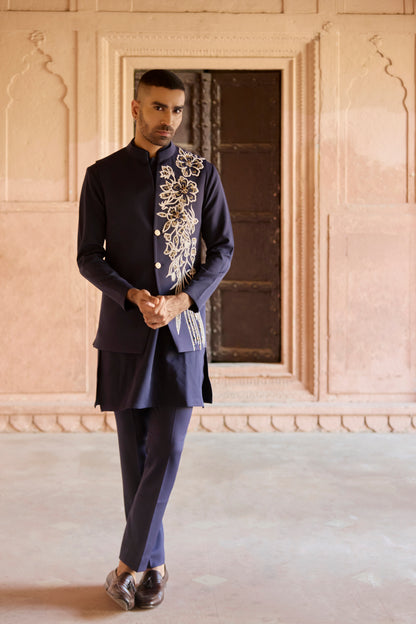 Raas Neelpushp Dhara navy Nehru jacket set | Bhavya Bhasin Couture