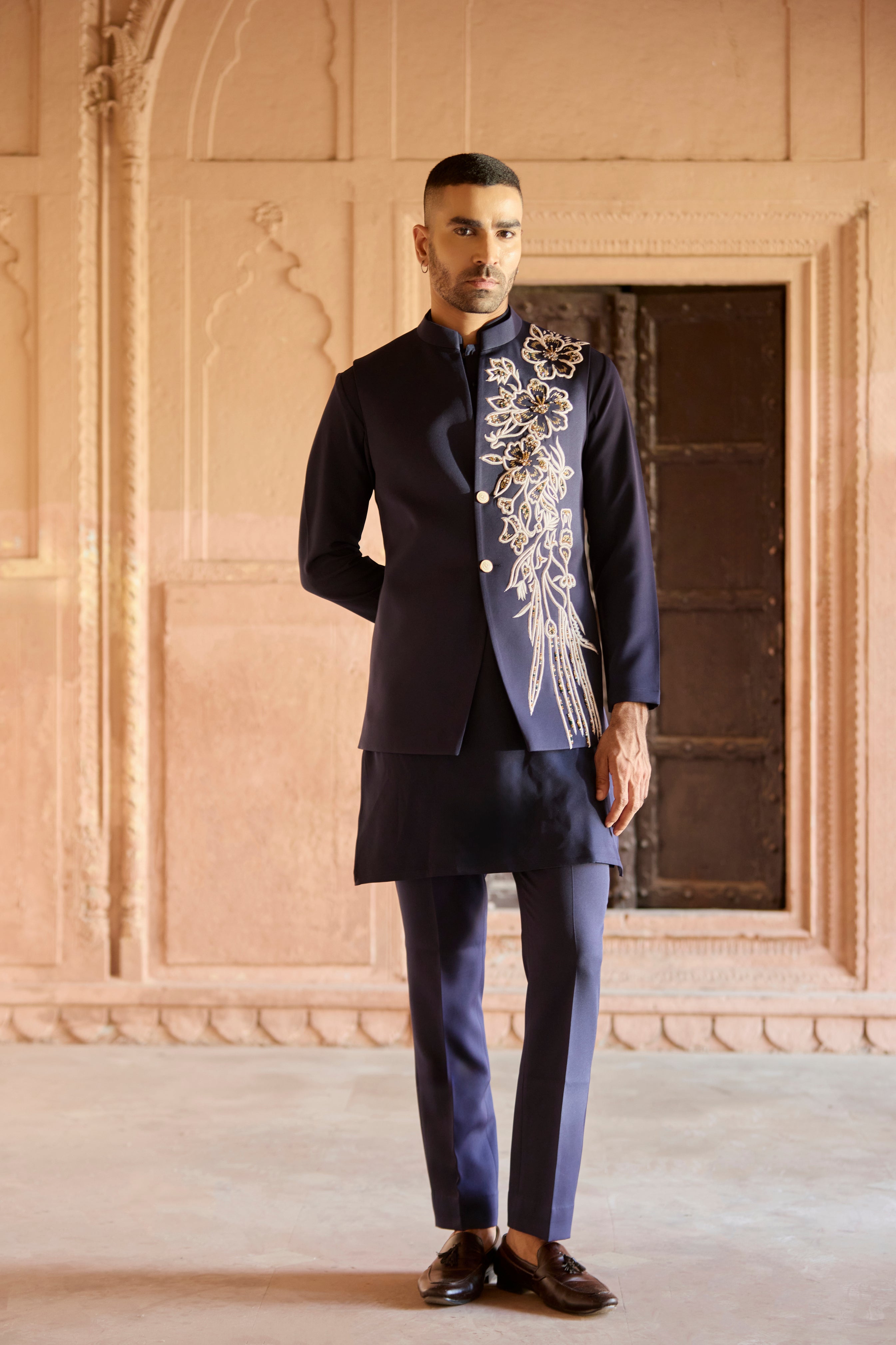 Raas “Neelpushp Dhara” Navy Nehru Jacket Set