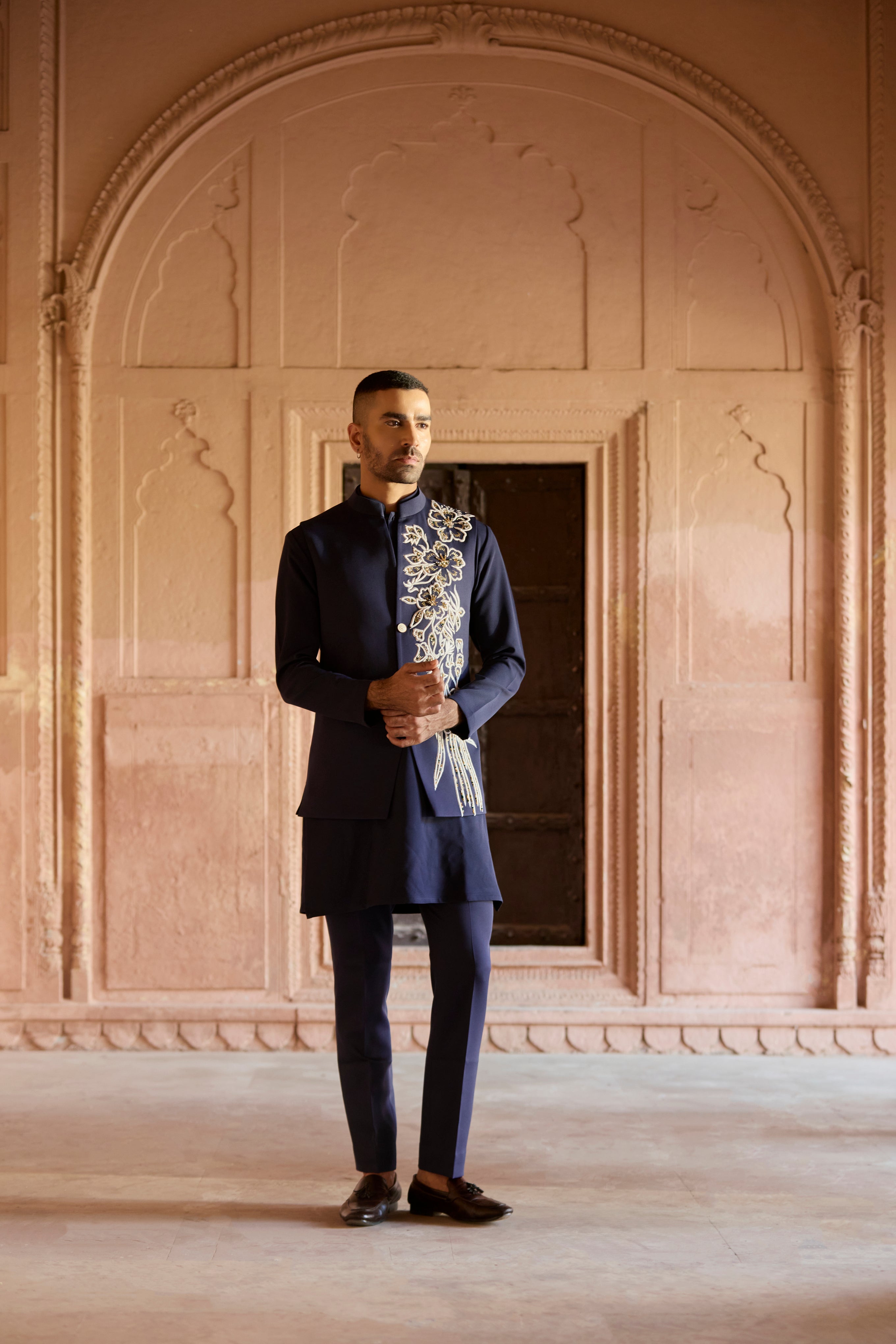 Raas “Neelpushp Dhara” Navy Nehru Jacket Set