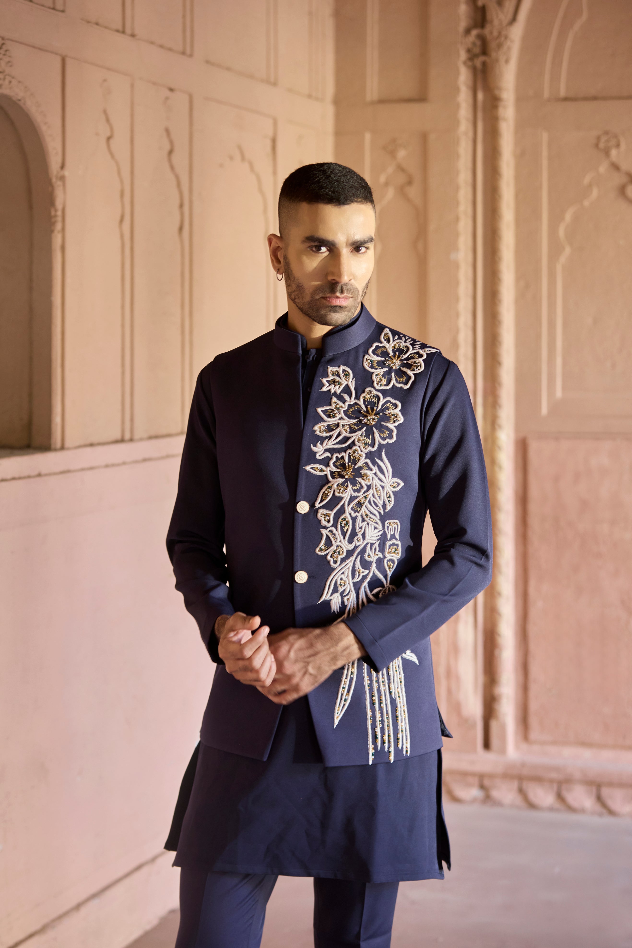 Raas “Neelpushp Dhara” Navy Nehru Jacket Set