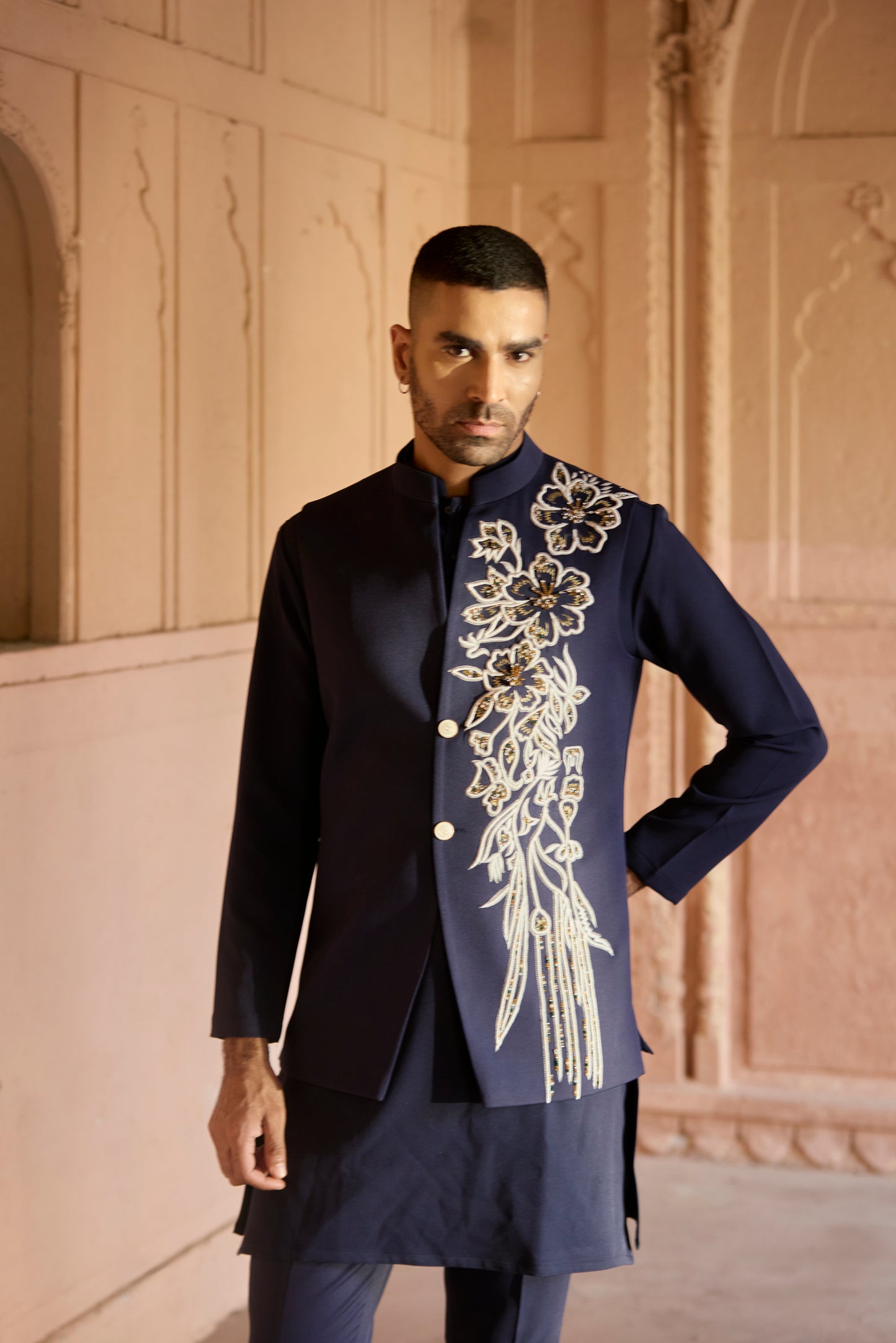 Raas “Neelpushp Dhara” Navy Nehru Jacket Set