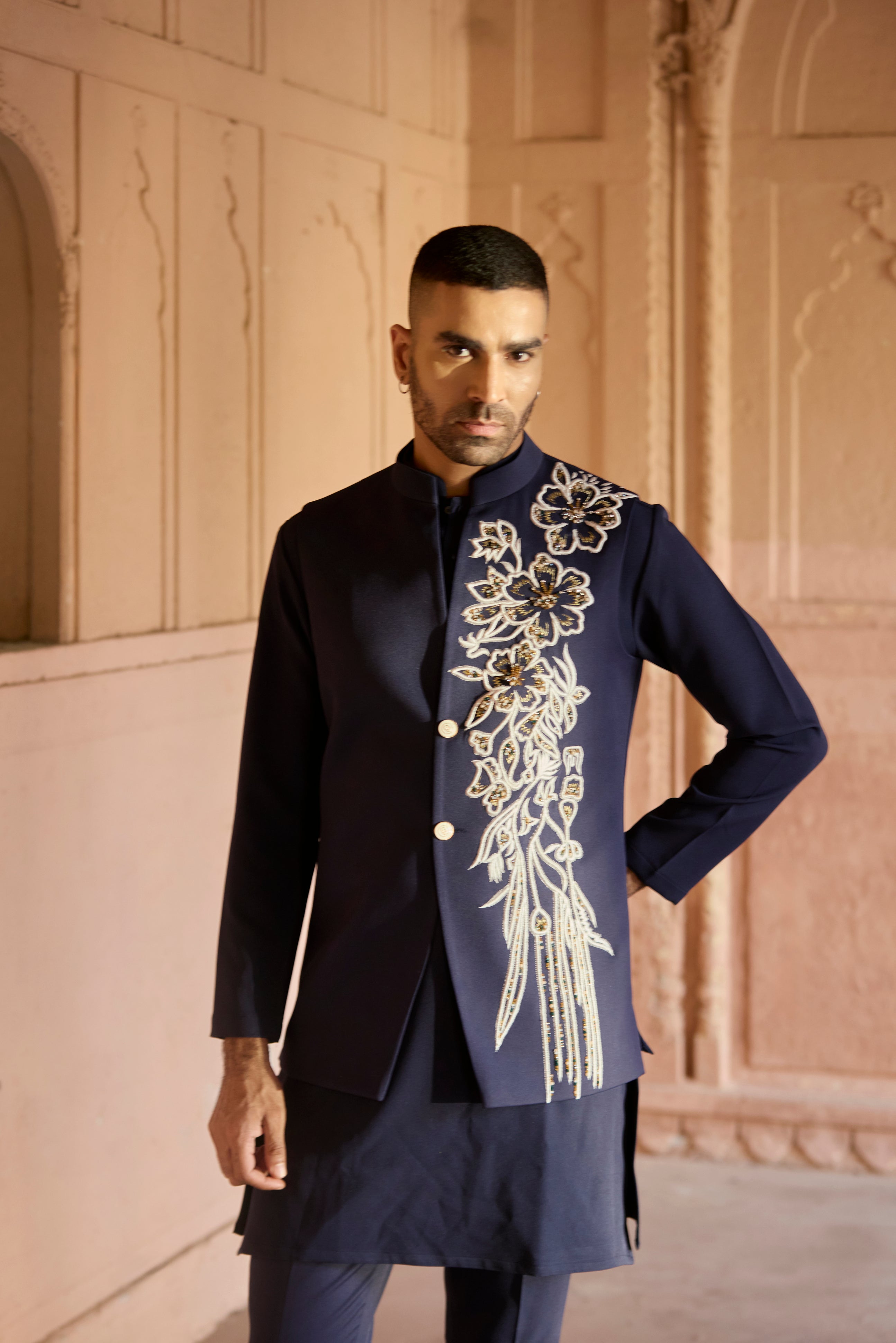 Raas “Neelpushp Dhara” Navy Nehru Jacket Set