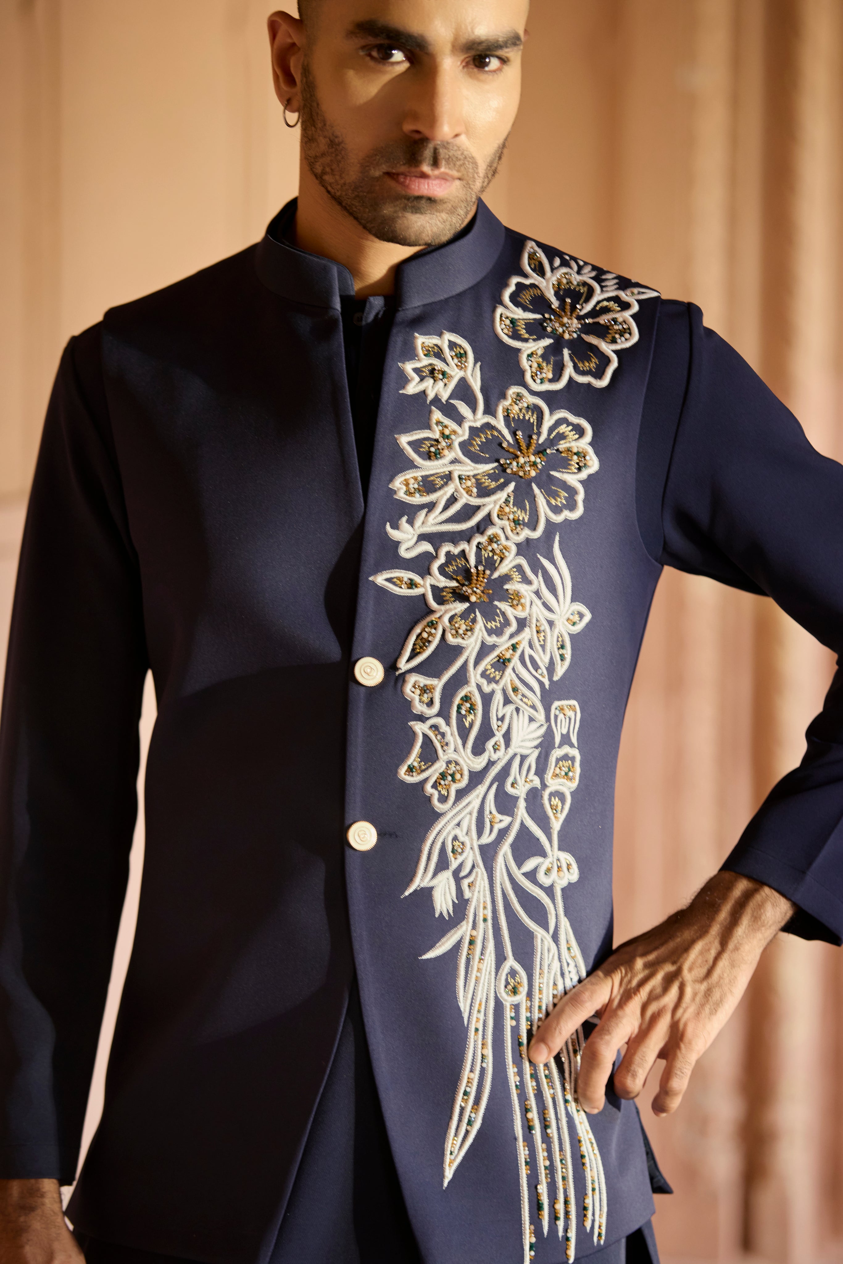 Raas “Neelpushp Dhara” Navy Nehru Jacket Set