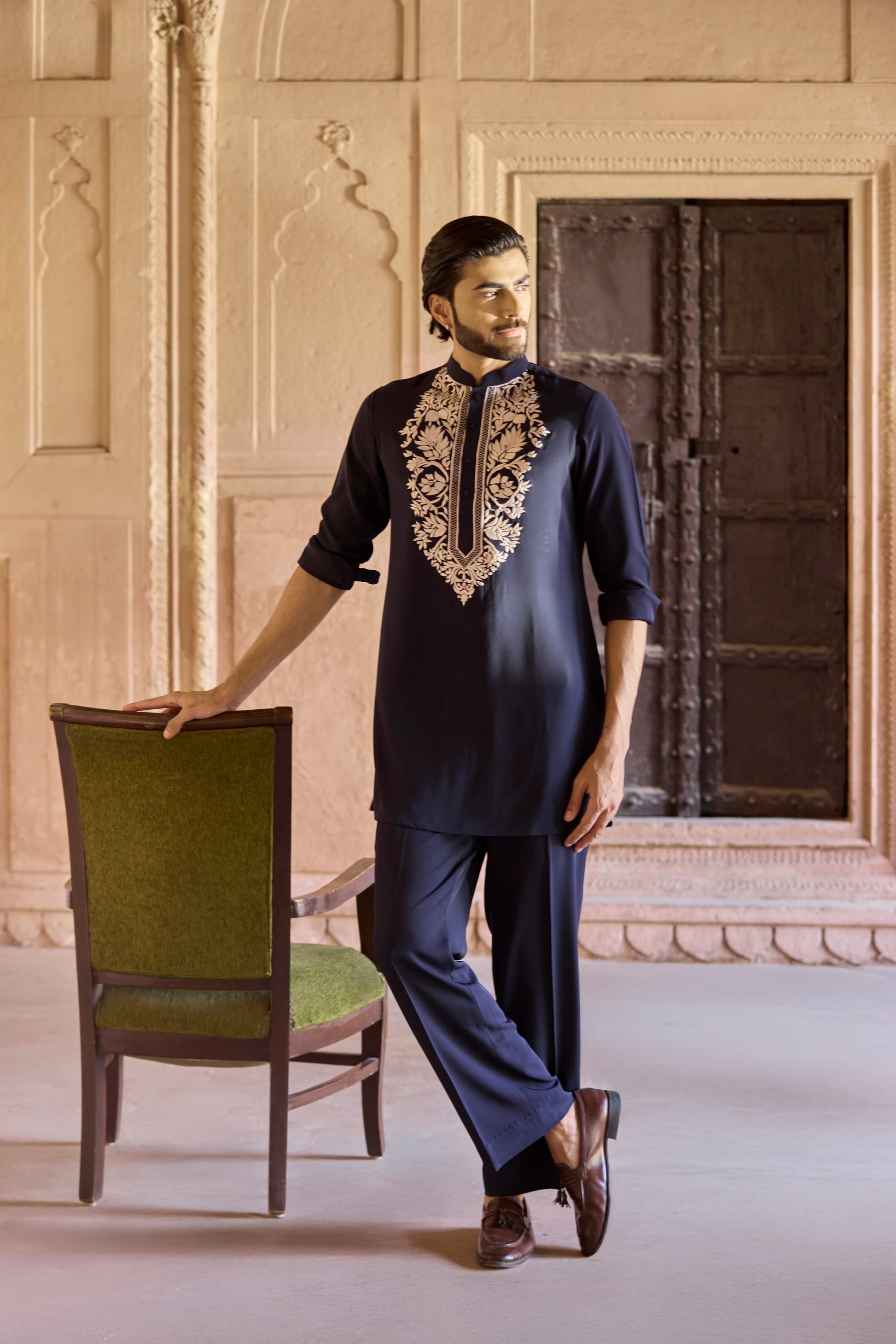 Raas Neel Shringar navy short kurta Indian festive | Bhavya Bhasin Couture