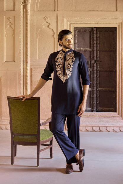 Raas Neel Shringar navy short kurta Indian festive | Bhavya Bhasin Couture