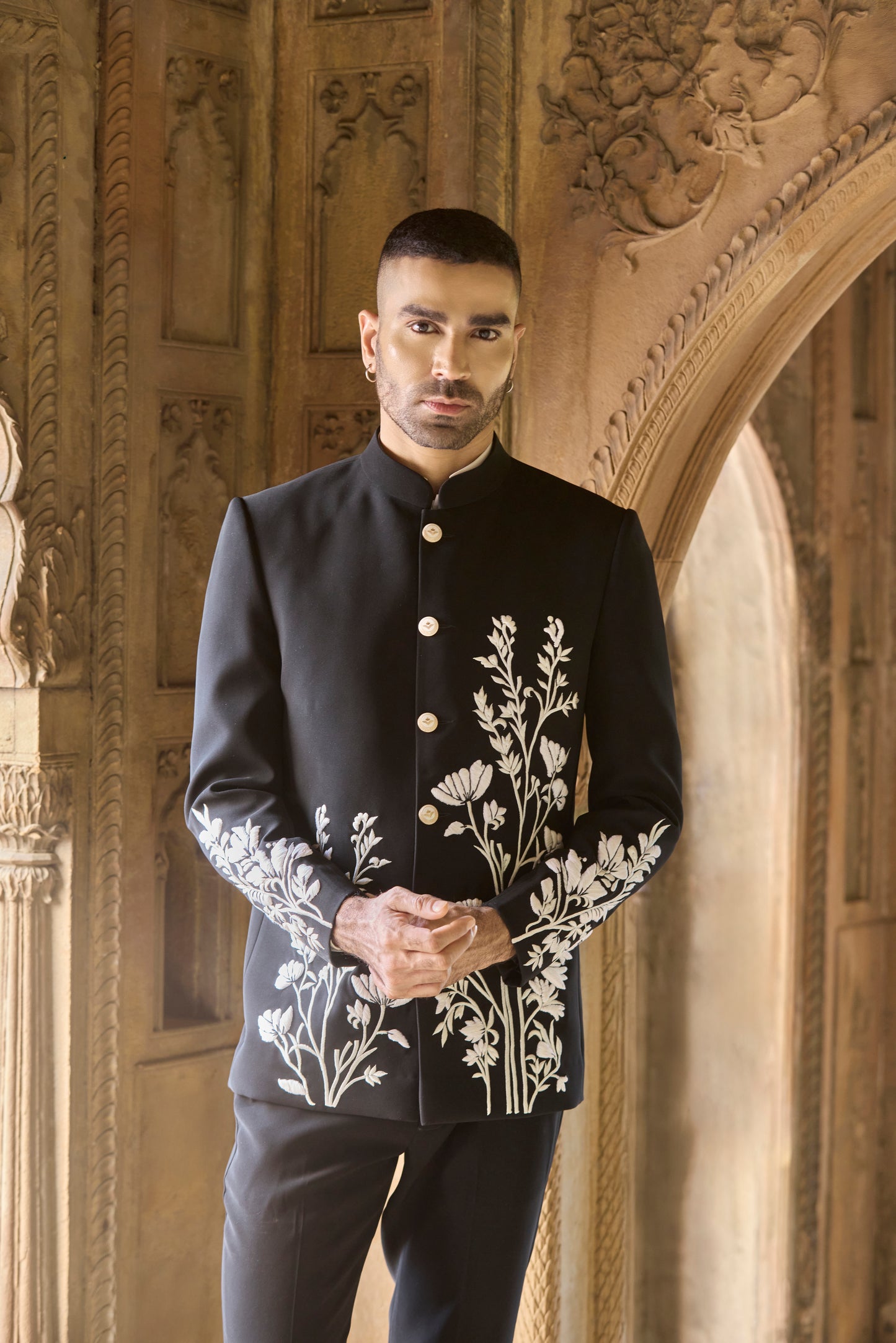 Raas “Shvet Vistaar” Ivory-on-Black Bandhgala