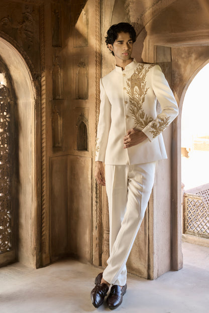 Raas Swarn Prabhat ivory gold bandhgala Indian wedding | Bhavya Bhasin Couture