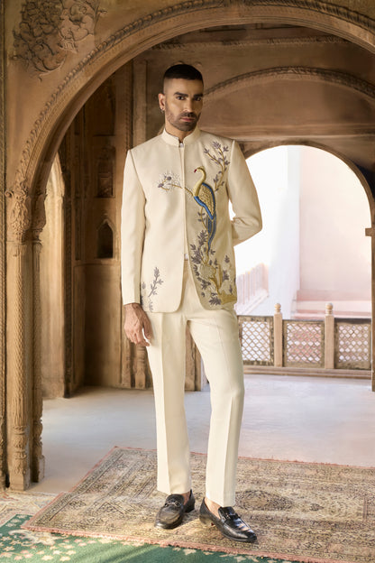 Raas Ivory Mayura Royale 3D peacock bandhgala | Bhavya Bhasin Couture