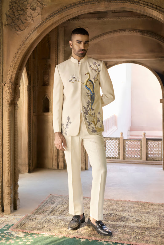 Raas Ivory Mayura Royale 3D peacock bandhgala | Bhavya Bhasin Couture