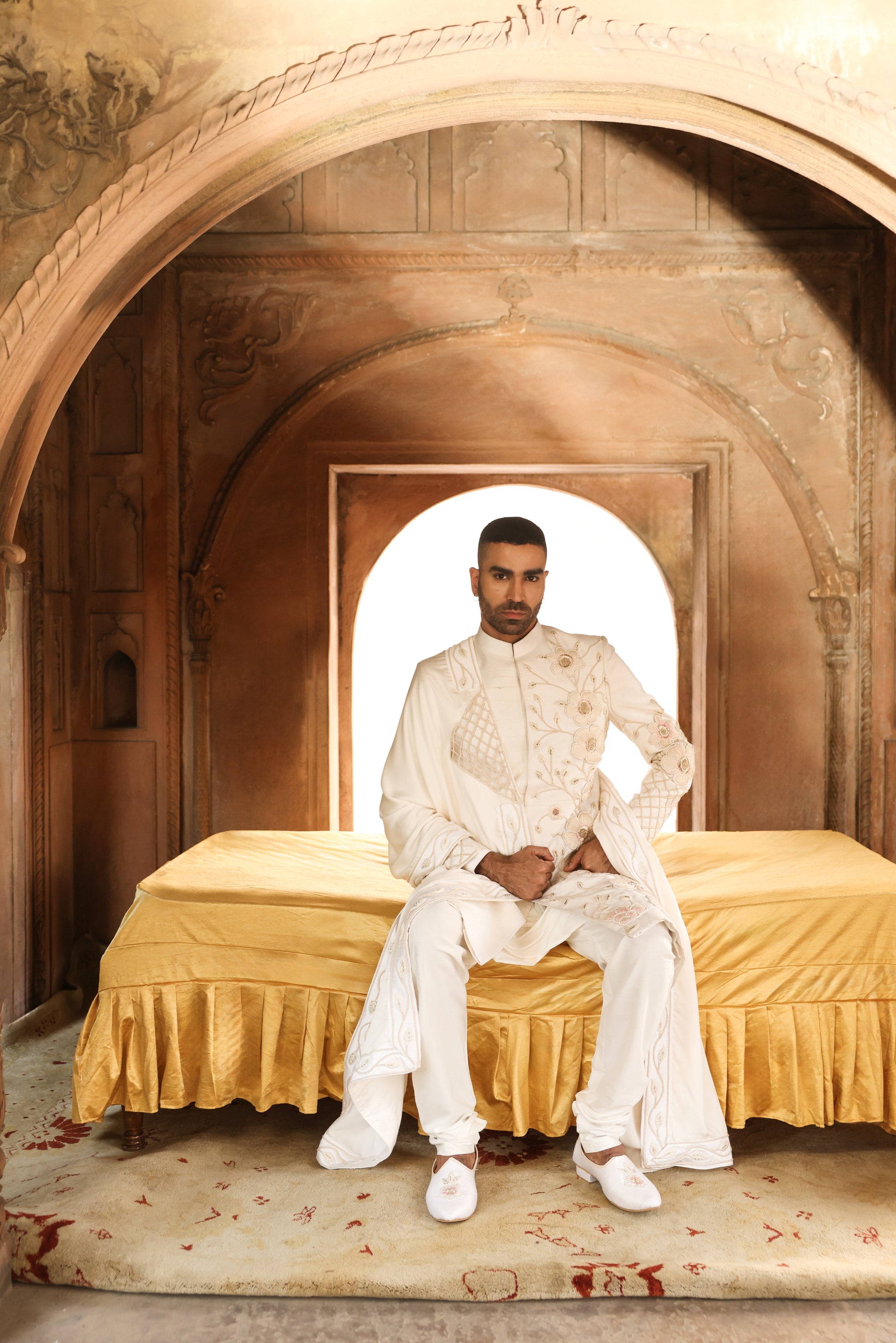 Raas Divya Saumya ivory 3D groom sherwani | Bhavya Bhasin Couture