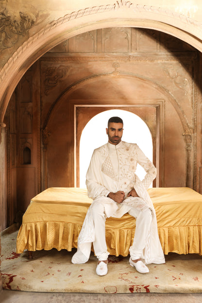 Raas Divya Saumya ivory 3D groom sherwani | Bhavya Bhasin Couture