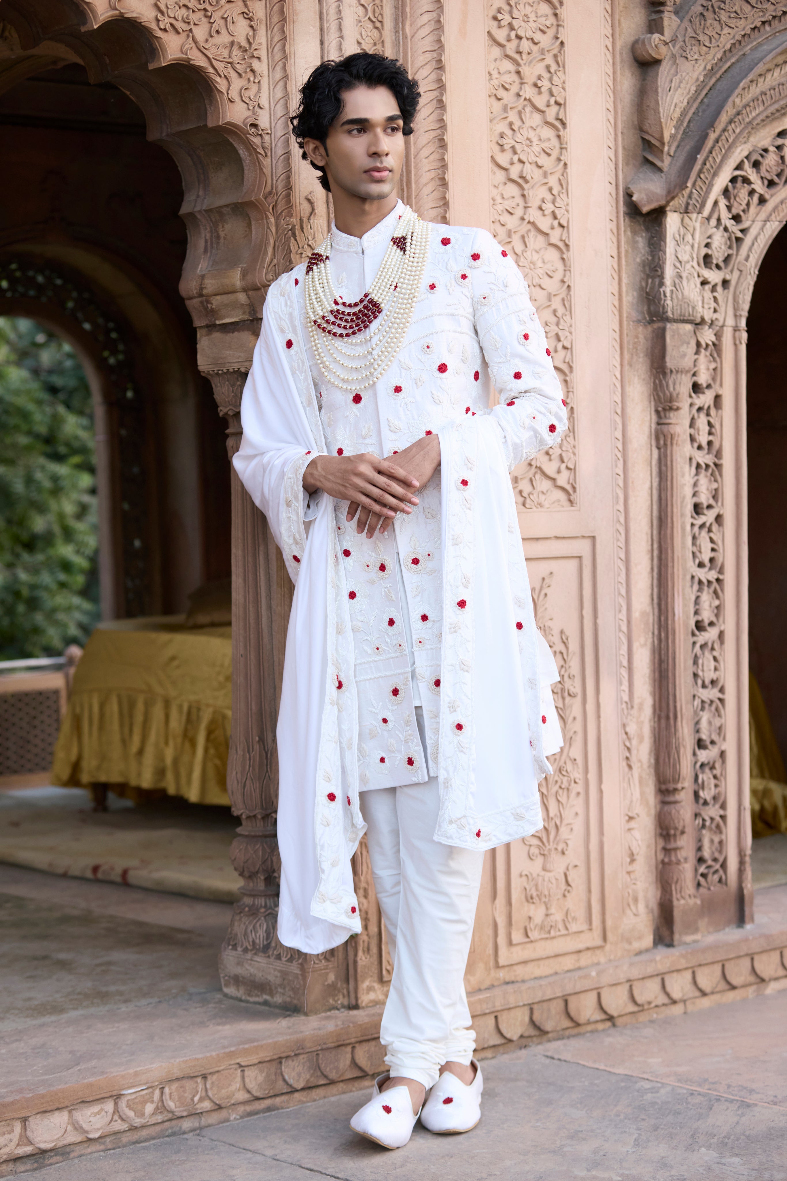 Raas “Shwet Raag” Ivory Raw Silk Sherwani