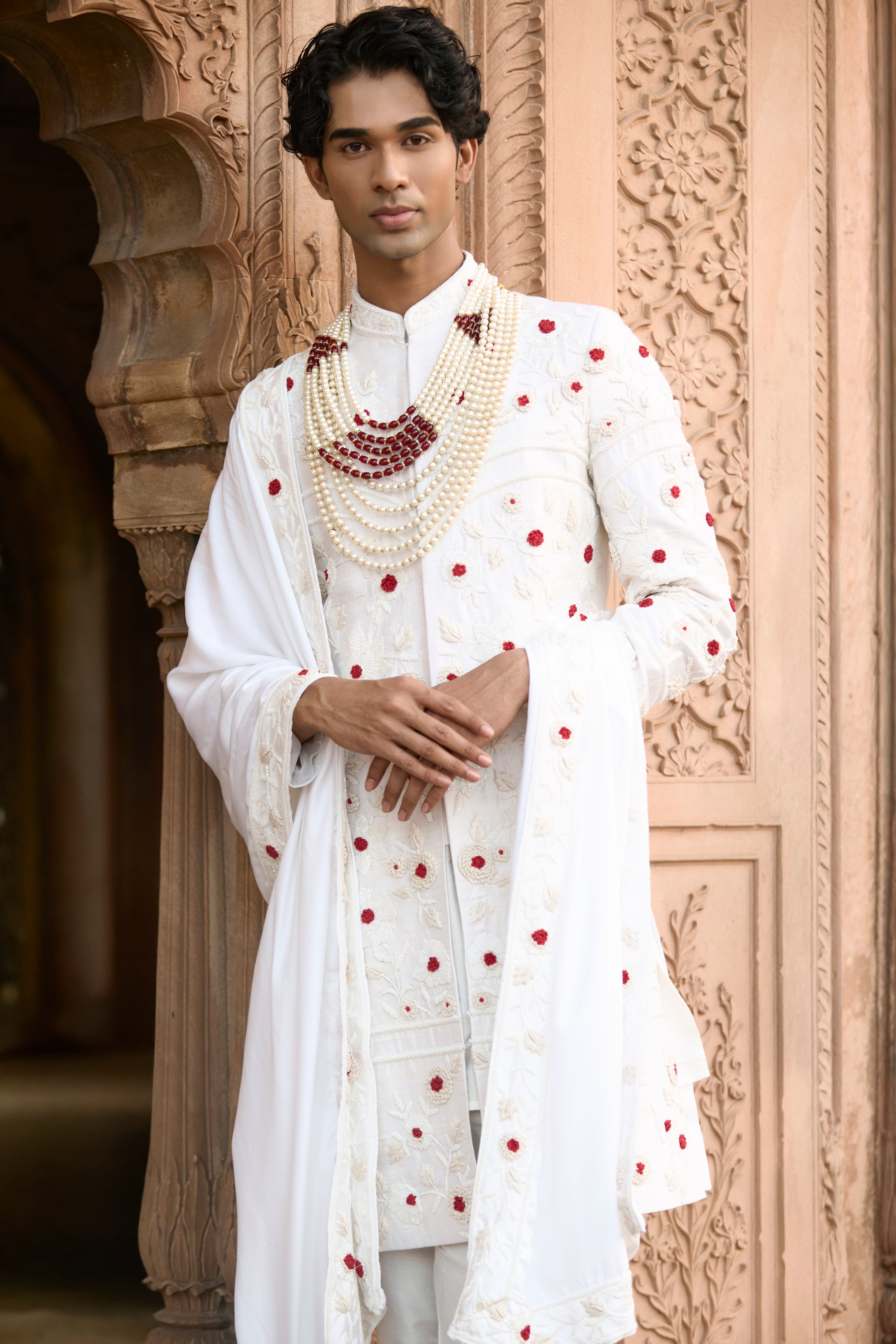 Raas “Shwet Raag” Ivory Raw Silk Sherwani