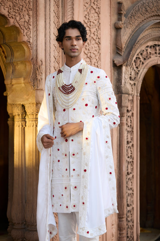 Raas Shwet Raag ivory raw silk groom sherwani | Bhavya Bhasin Couture