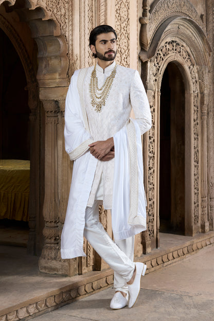 Raas Shvet Nritya ivory Dori groom sherwani | Bhavya Bhasin Couture