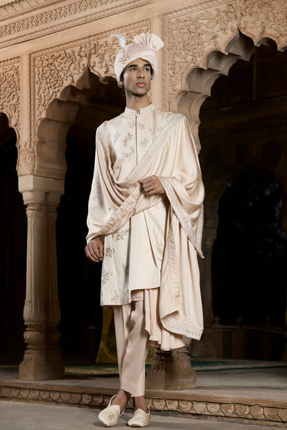 Raas Komal Raga rose gold groom sherwani | Bhavya Bhasin Couture