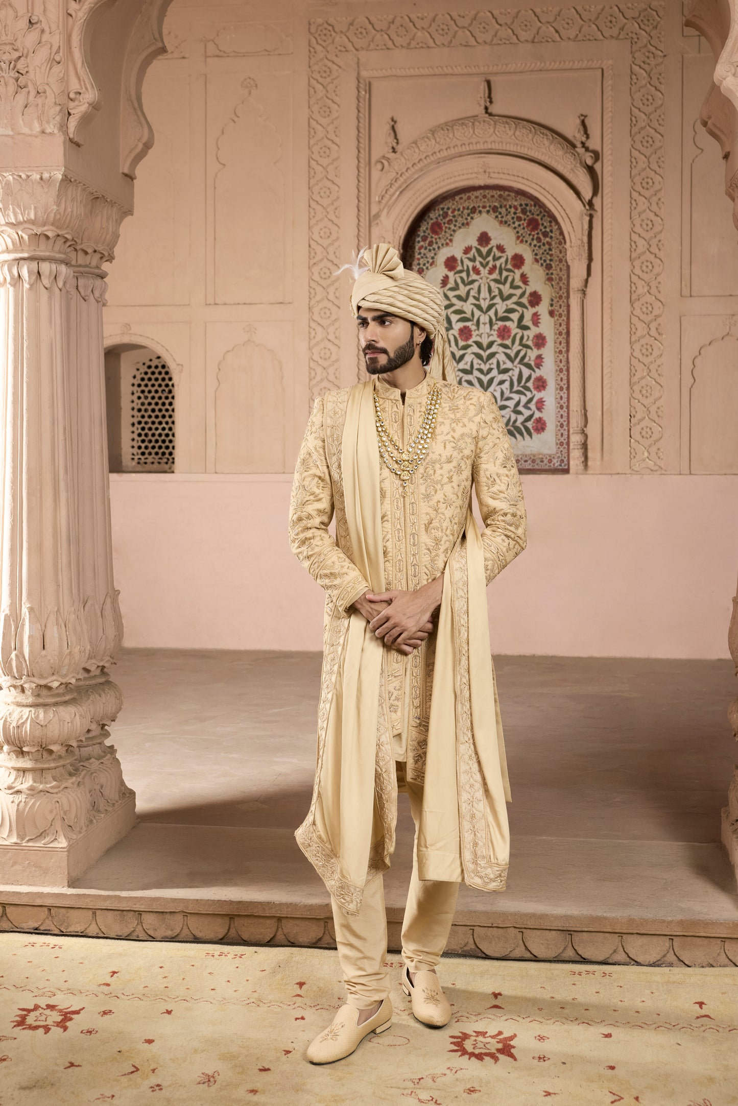 Raas Svarna Leher gold 3D groom sherwani | Bhavya Bhasin Couture