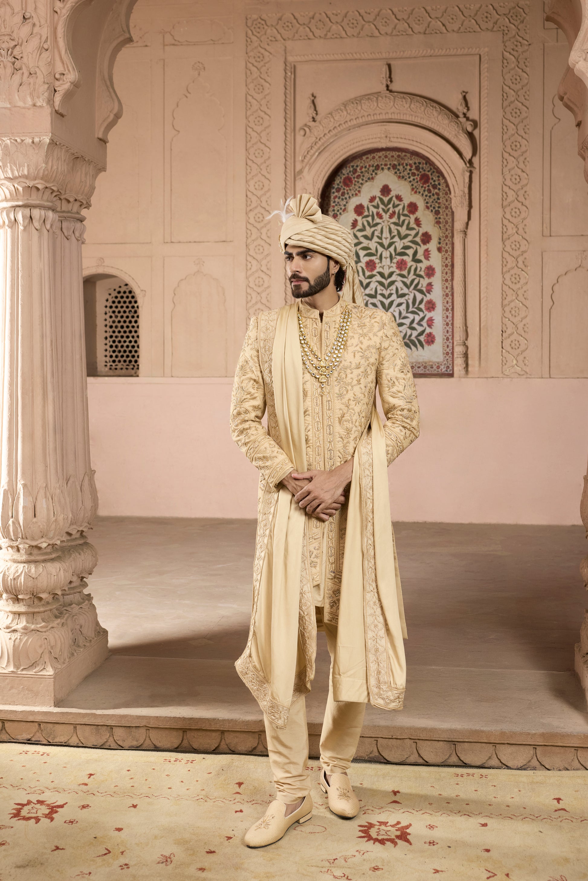 Raas Svarna Leher gold 3D groom sherwani | Bhavya Bhasin Couture