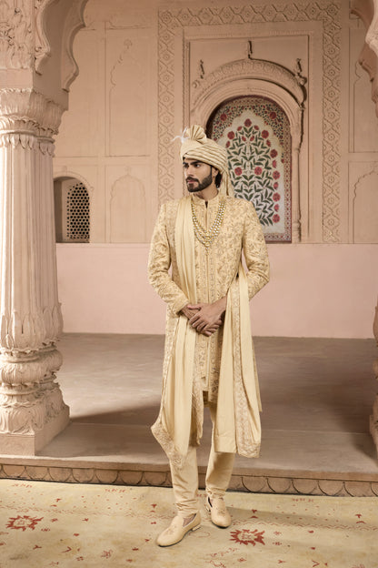 Raas Svarna Leher gold 3D groom sherwani | Bhavya Bhasin Couture
