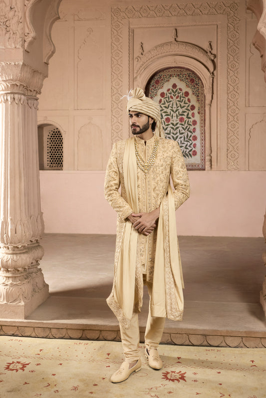 Raas Svarna Leher gold 3D groom sherwani | Bhavya Bhasin Couture