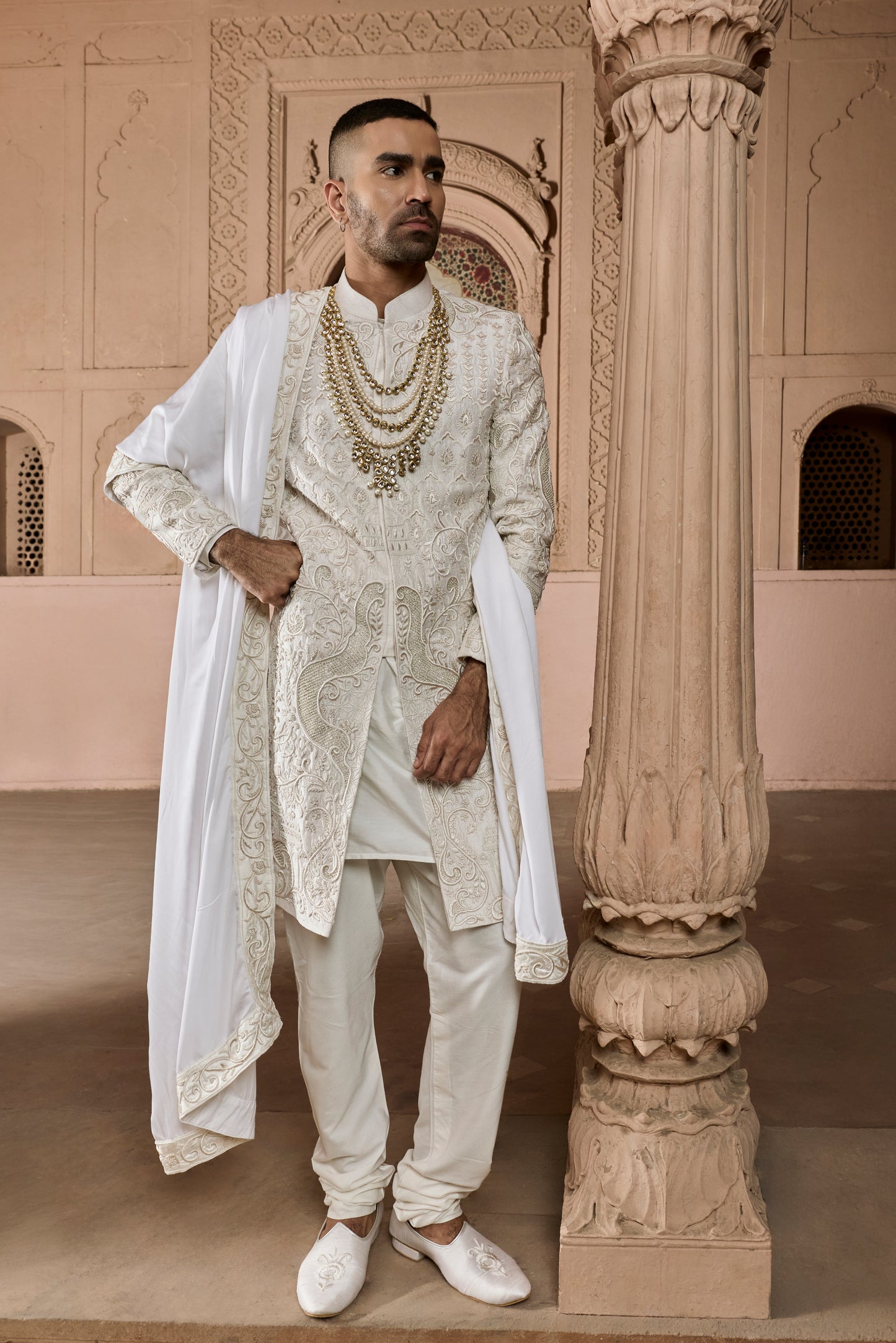 Raas Sutra Utsav ivory 3D celebration sherwani | Bhavya Bhasin Couture