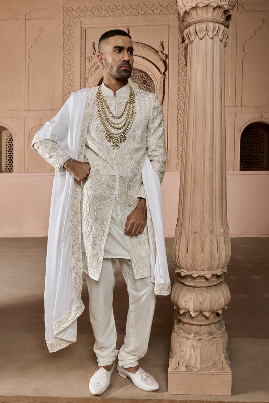 Raas Sutra Utsav ivory 3D celebration sherwani | Bhavya Bhasin Couture