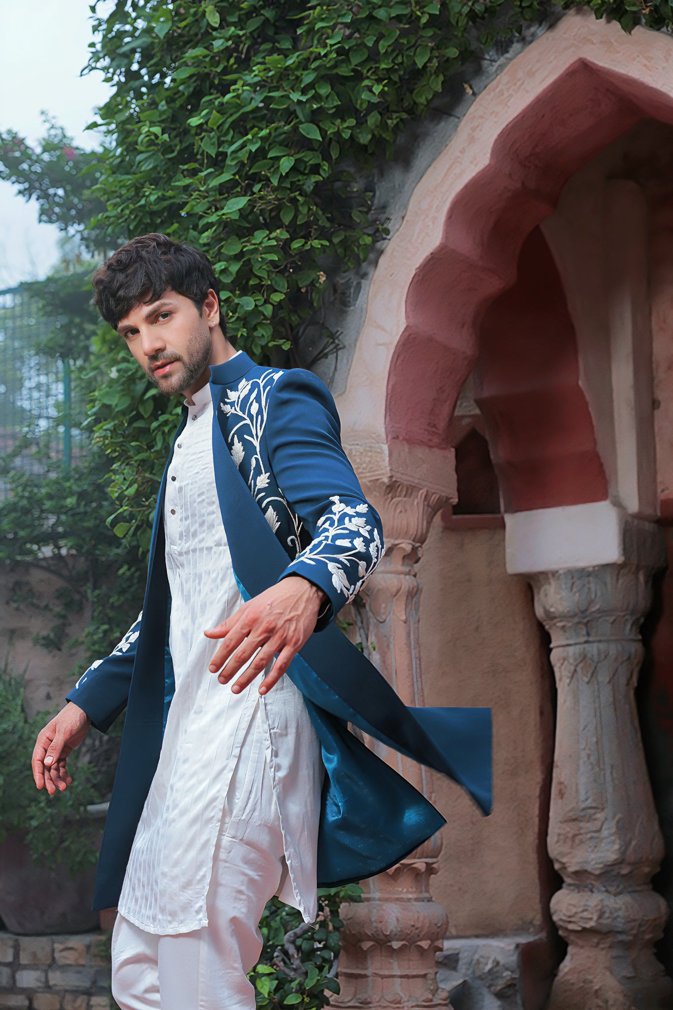Teal blue open Indo-Western with pintuck kurta | Bhavya Bhasin Couture