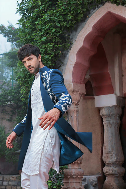 Teal blue open Indo-Western with pintuck kurta | Bhavya Bhasin Couture