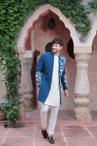 Teal Blue Open Indo-Western with Pintuck Kurta