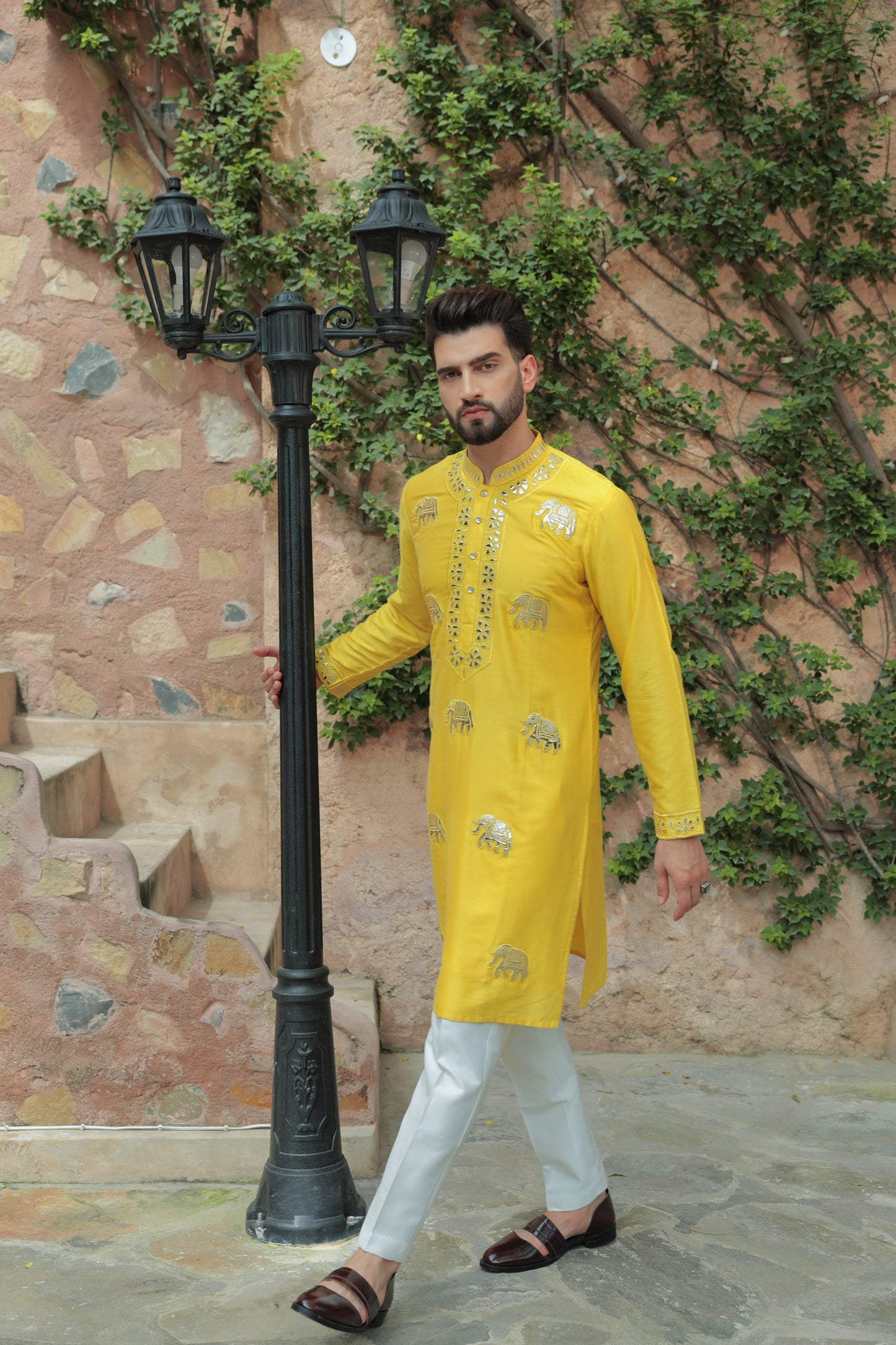 Yellow kurta with leatherite embroidery festive | Bhavya Bhasin Couture
