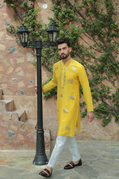 Yellow kurta with leatherite embroidery festive | Bhavya Bhasin Couture