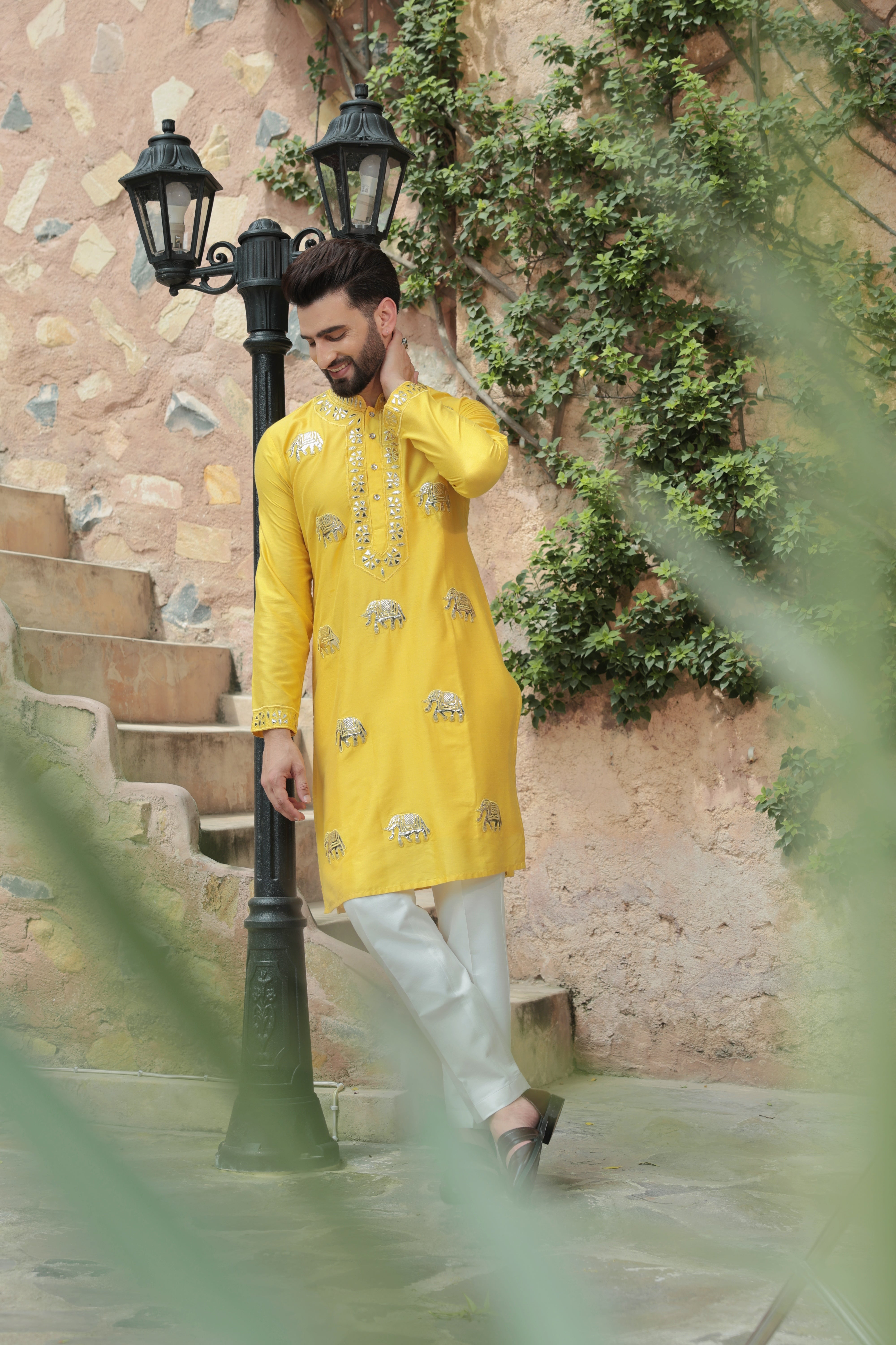 Yellow Kurta with Leatherite Embroidery