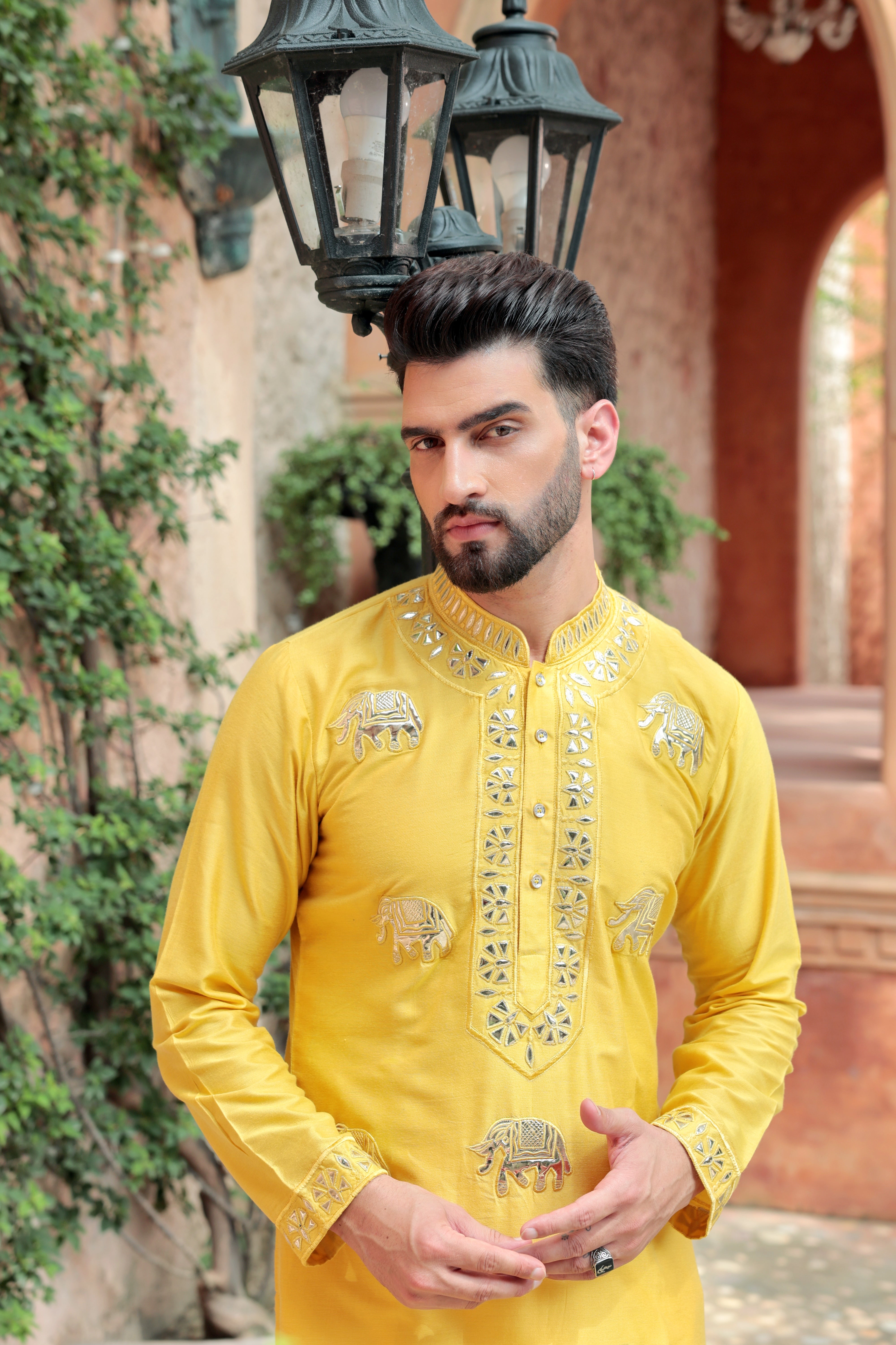 Yellow Kurta with Leatherite Embroidery