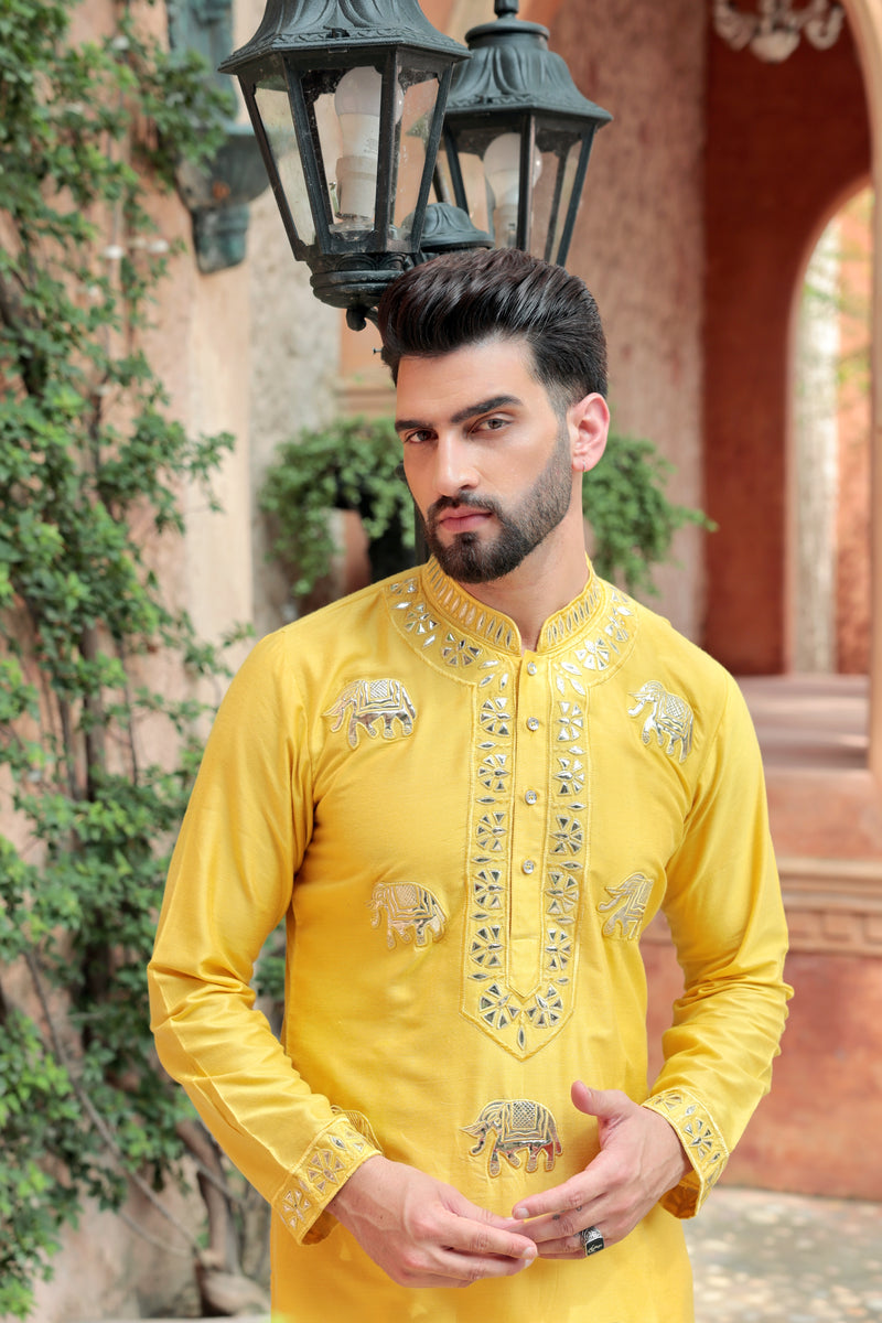 Yellow Kurta with Leatherite Embroidery