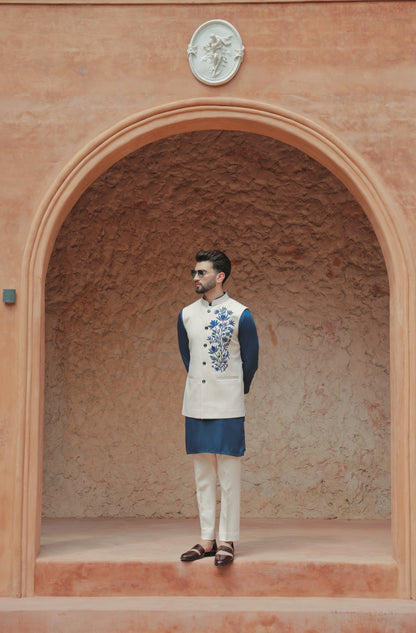 Ivory Nehru jacket with navy kurta set festive | Bhavya Bhasin Couture