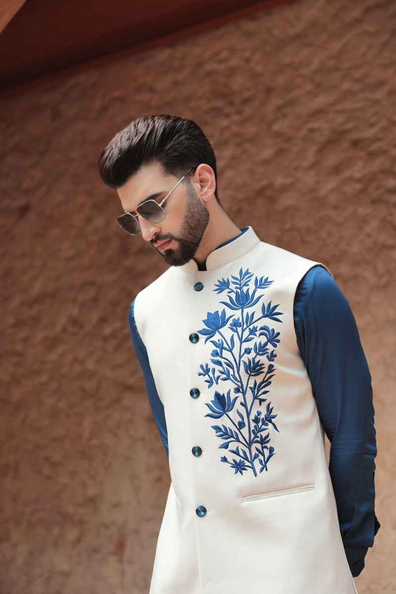 Ivory Nehru Jacket with Navy Kurta Set