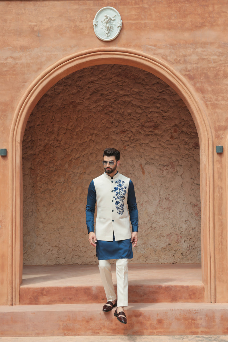 Ivory Nehru Jacket with Navy Kurta Set