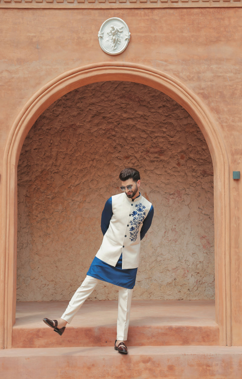 Ivory Nehru Jacket with Navy Kurta Set