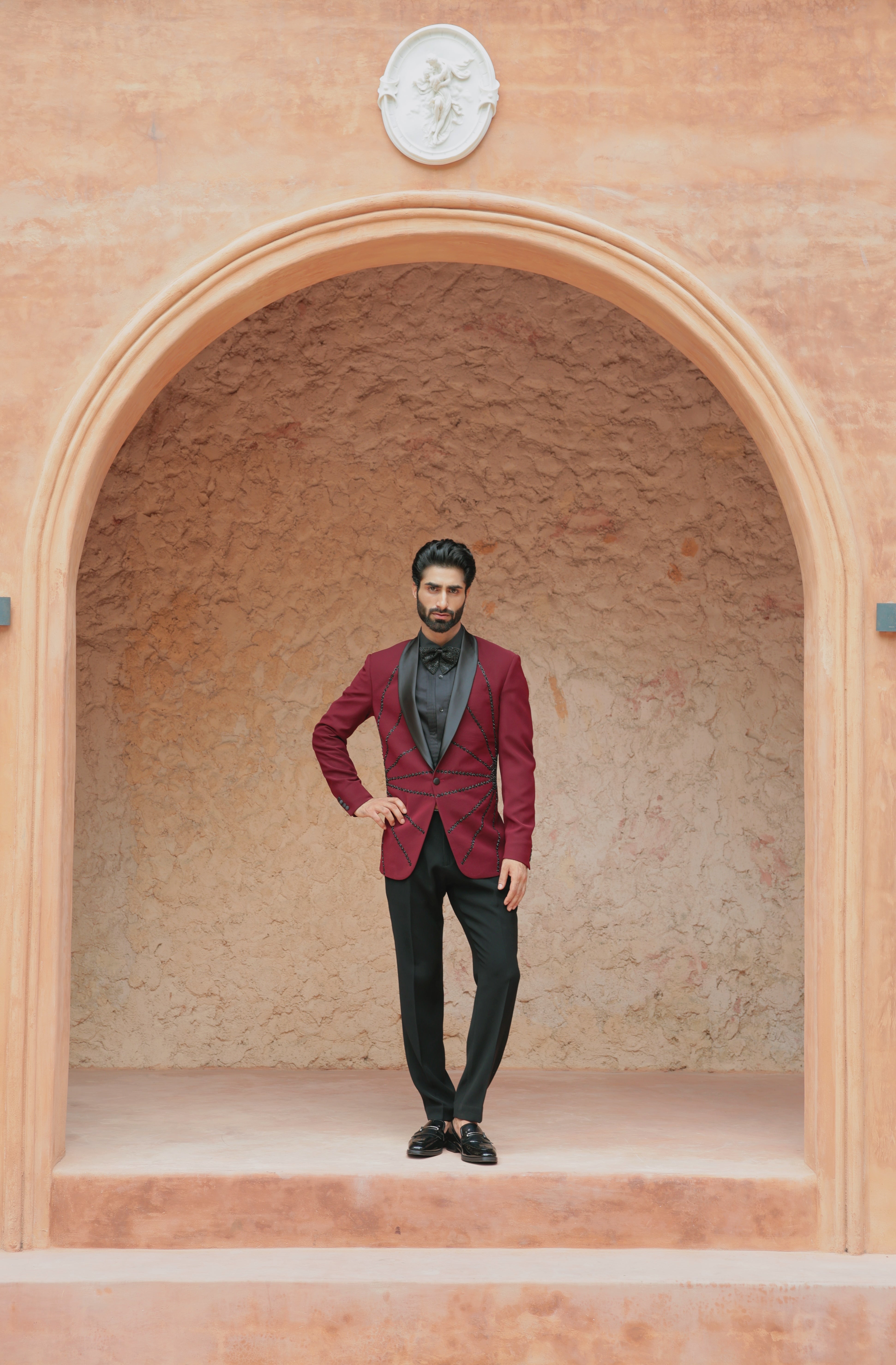 Burgundy Tuxedo with Hand Embroidered Detailing