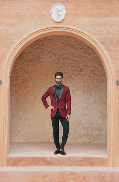 Burgundy tuxedo with hand embroidered detailing | Bhavya Bhasin Couture