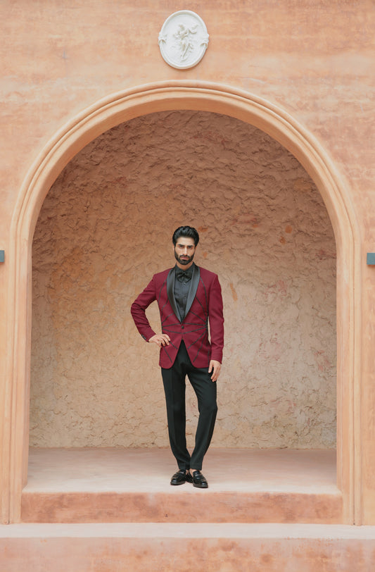 Burgundy tuxedo with hand embroidered detailing | Bhavya Bhasin Couture