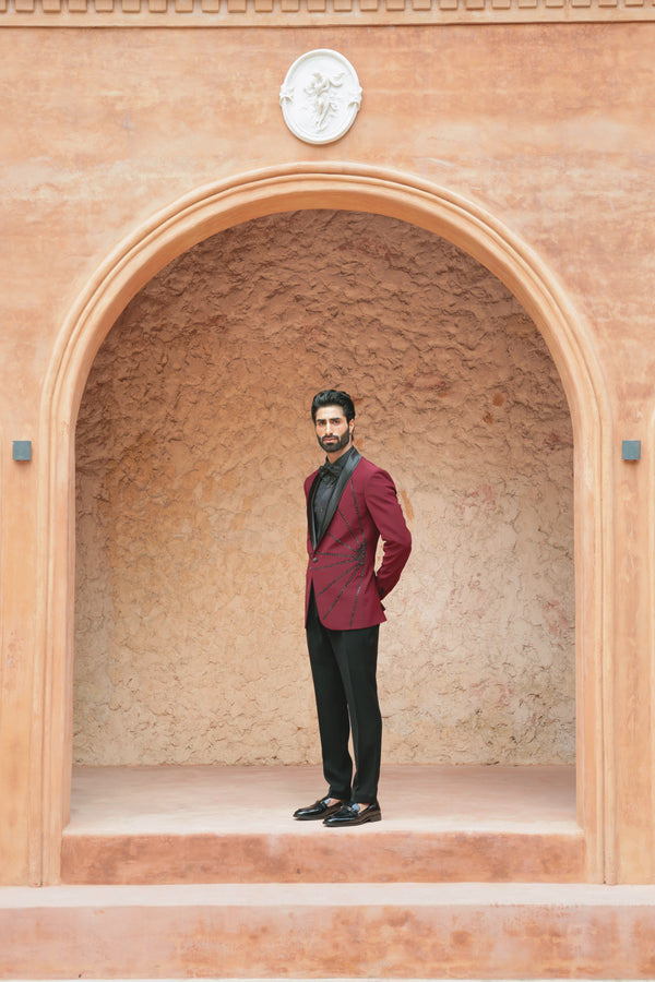 Burgundy Tuxedo with Hand Embroidered Detailing