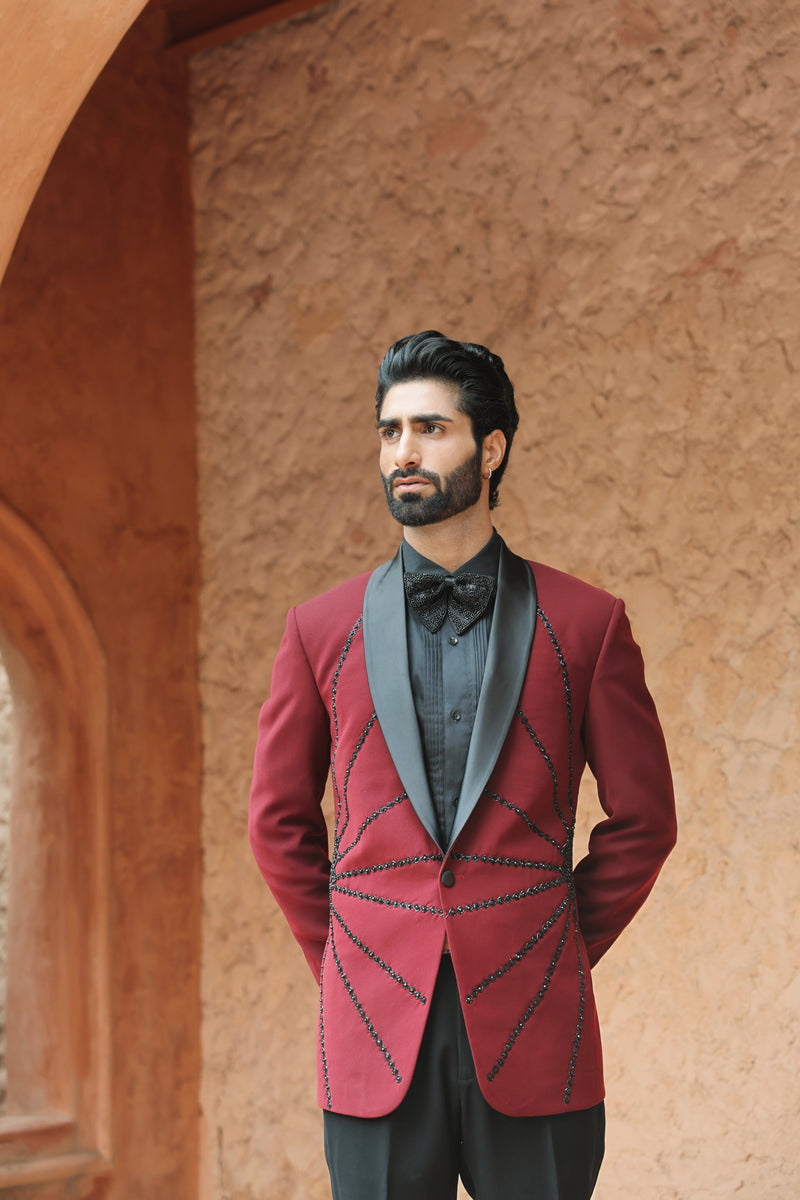 Burgundy Tuxedo with Hand Embroidered Detailing