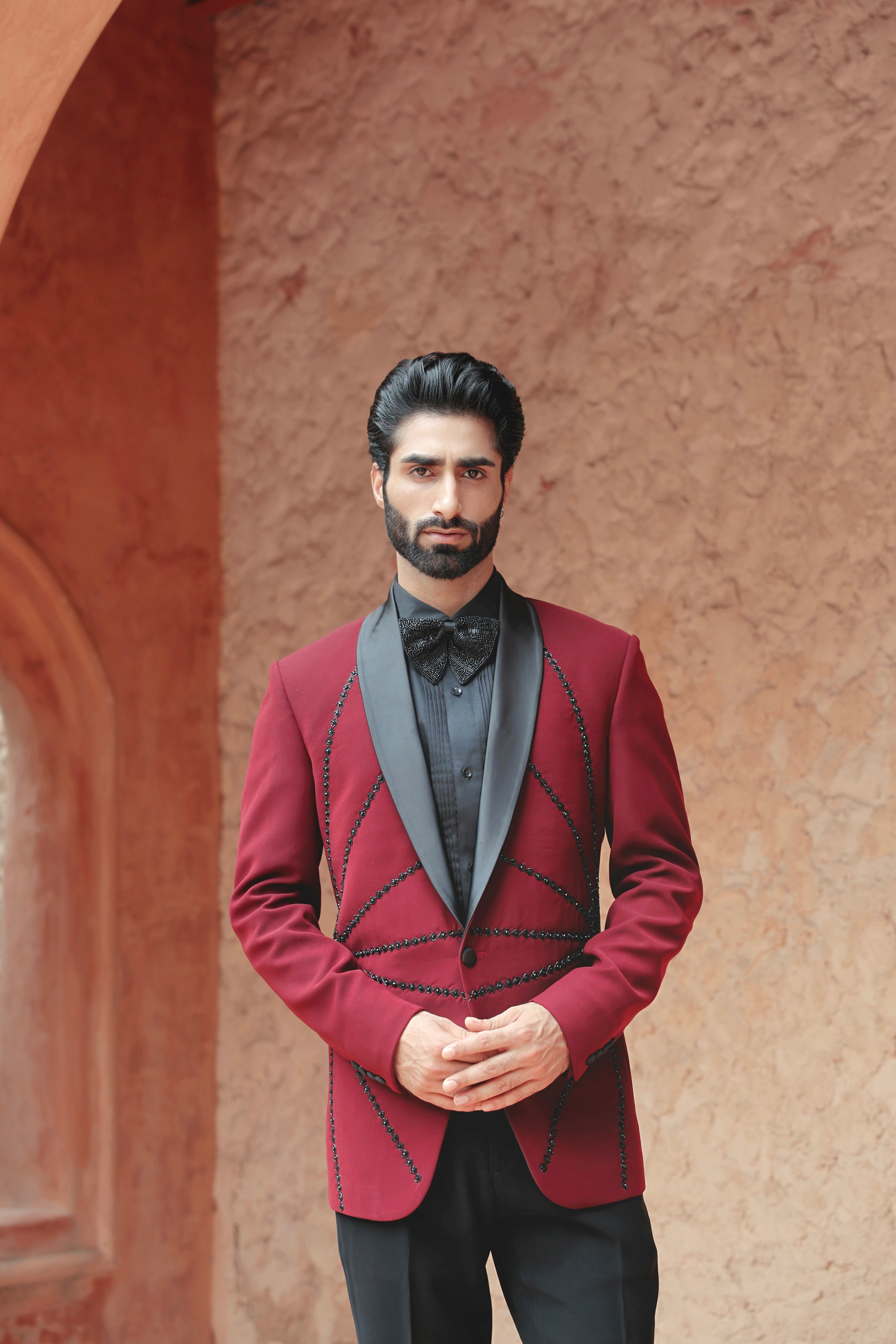 Burgundy Tuxedo with Hand Embroidered Detailing