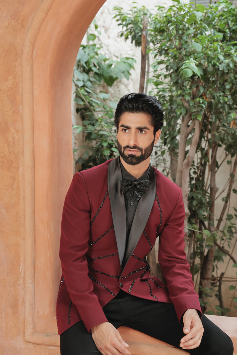 Burgundy Tuxedo with Hand Embroidered Detailing