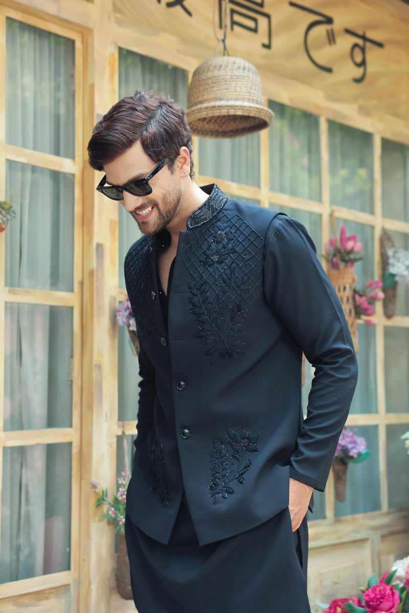 Black Nehru Jacket Set with 3D Hand Embroidery