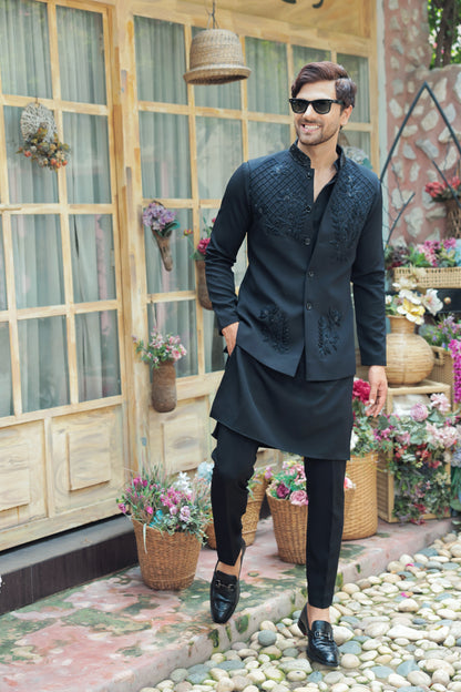 Black Nehru jacket set with 3D hand embroidery | Bhavya Bhasin Couture